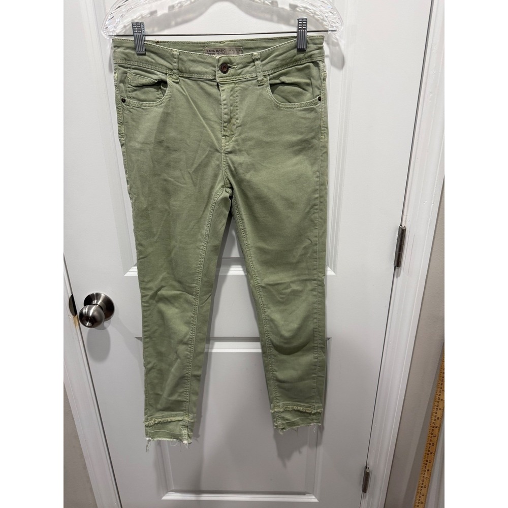 Zara Womens Skinny Jeans Raw Frayed Hem Sage Green Size 6